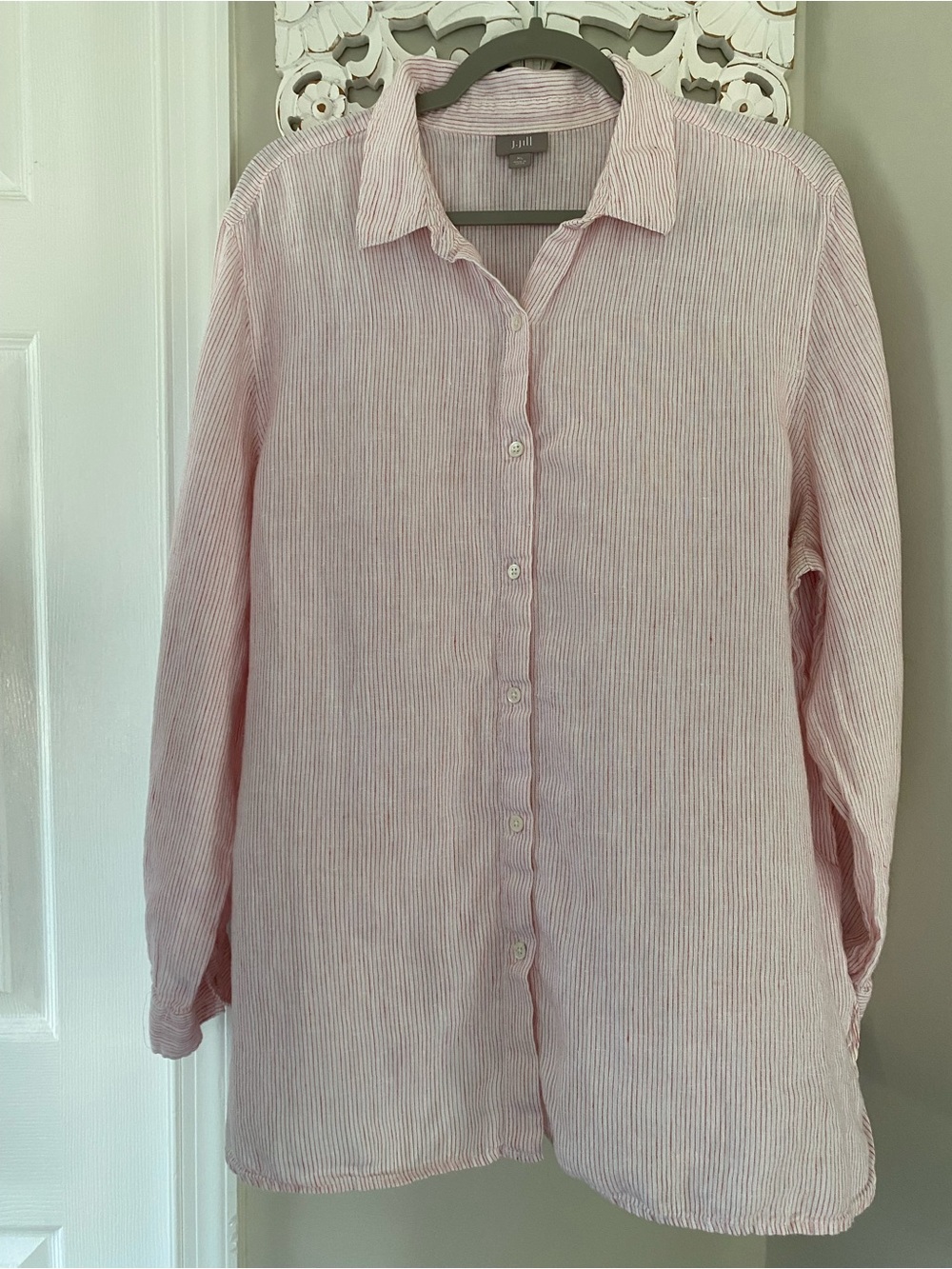 J. Jill 100% Linen Pink Stripe Button Down Blouse Top XL Coastal Boho